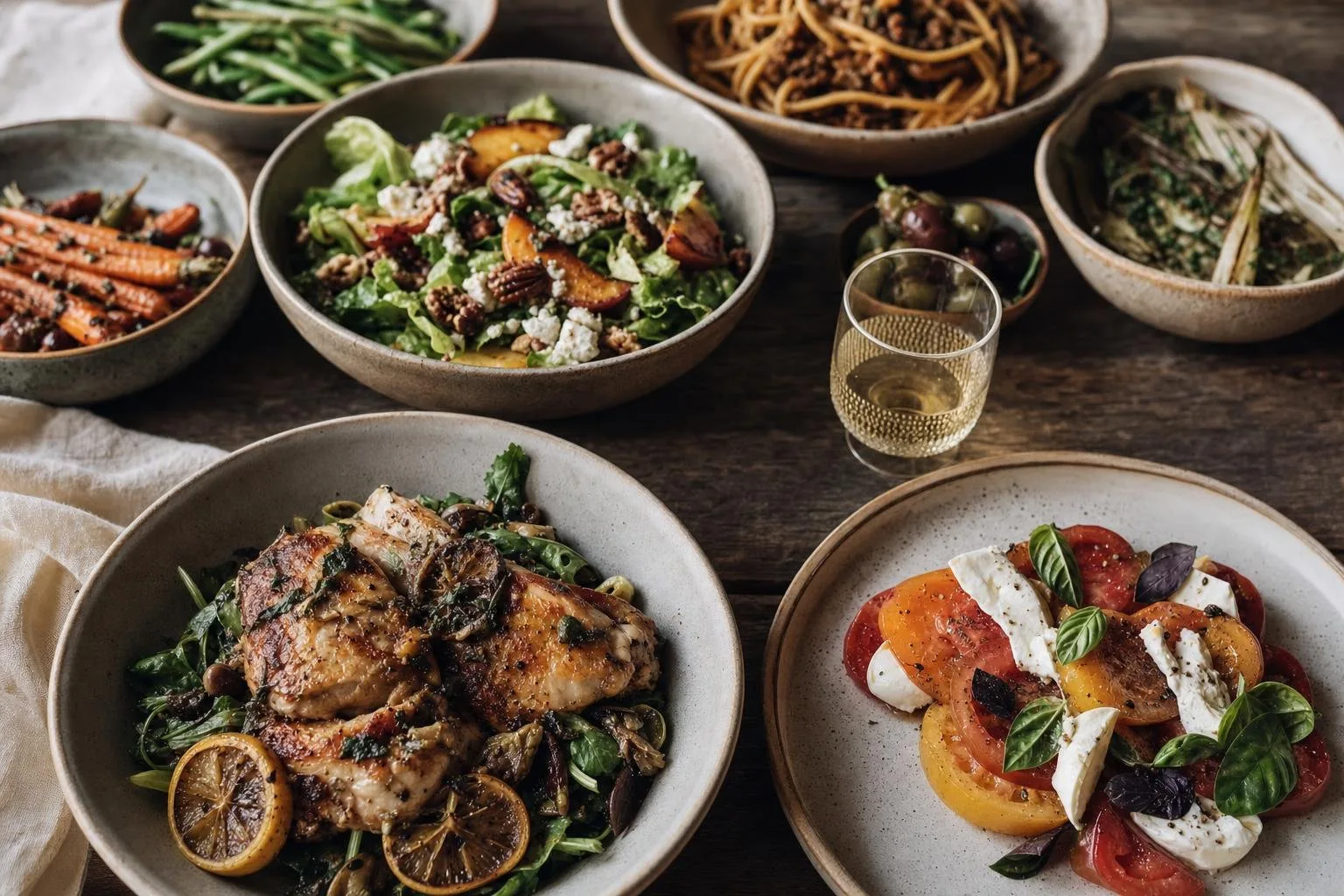 Assorted fresh ingredients arranged on a dark surface