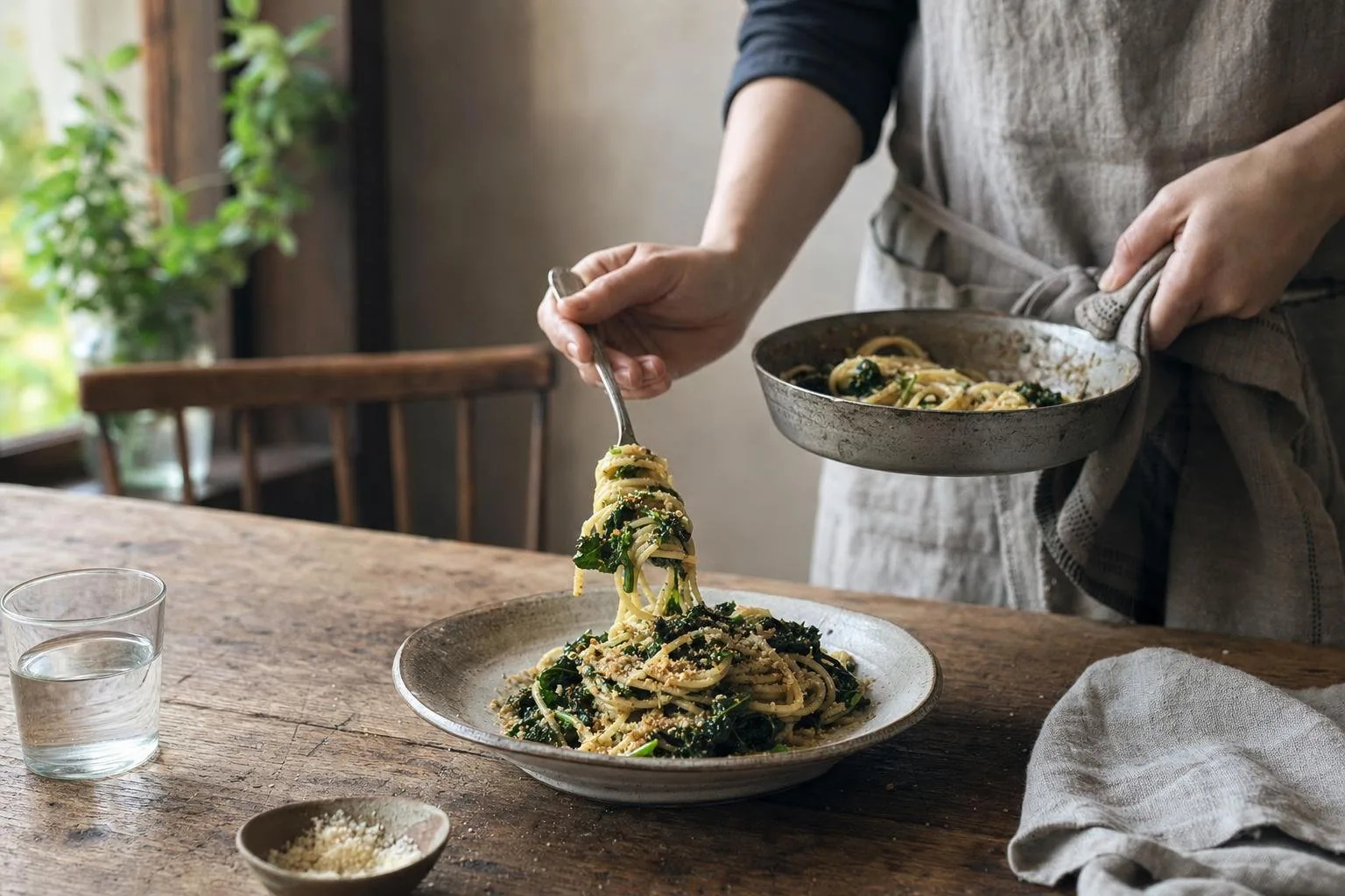 Rustic kitchen table with fresh ingredients