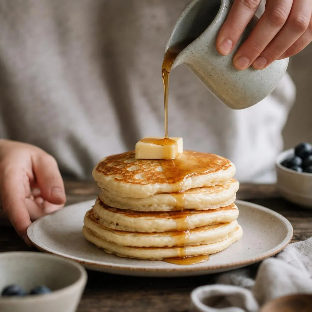 Fluffy buttermilk pancakes being served